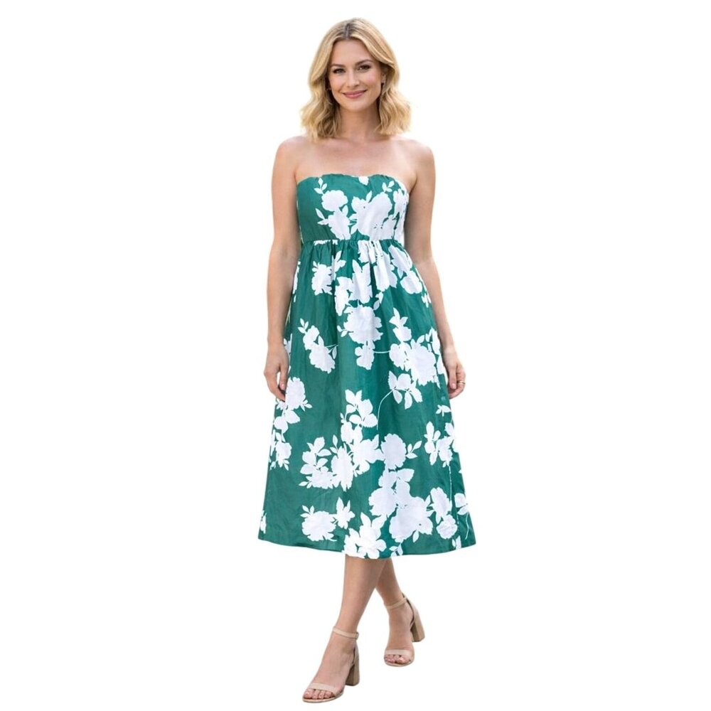 Cynthia Rowley Green & White Floral Strapless Midi Dress Elastic Smocked Back 14